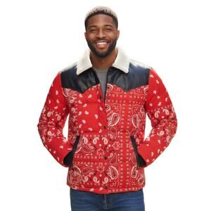 Levi’s Men’s Red Bandana Print Sherpa Collar Jacket XL, Western Puffer Style NWT
